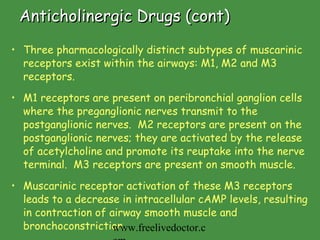 Anticholinergic Drugs (cont) Three pharmacologically distinct subtypes of muscarinic receptors exist within the airways: M1, M2 and M3 receptors.  M1 receptors are present on peribronchial ganglion cells where the preganglionic nerves transmit to the postganglionic nerves.  M2 receptors are present on the postganglionic nerves; they are activated by the release of acetylcholine and promote its reuptake into the nerve terminal.  M3 receptors are present on smooth muscle.  Muscarinic receptor activation of these M3 receptors leads to a decrease in intracellular cAMP levels, resulting in contraction of airway smooth muscle and bronchoconstriction. www.freelivedoctor.com 