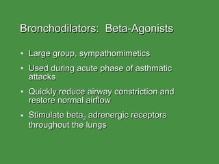 Bronchodilators:  Beta-Agonists Large group, sympathomimetics Used during acute phase of asthmatic attacks Quickly reduce airway constriction and restore normal airflow Stimulate beta 2  adrenergic receptors throughout the lungs 