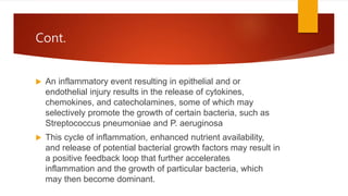 Cont.
 An inflammatory event resulting in epithelial and or
endothelial injury results in the release of cytokines,
chemokines, and catecholamines, some of which may
selectively promote the growth of certain bacteria, such as
Streptococcus pneumoniae and P. aeruginosa
 This cycle of inflammation, enhanced nutrient availability,
and release of potential bacterial growth factors may result in
a positive feedback loop that further accelerates
inflammation and the growth of particular bacteria, which
may then become dominant.
 