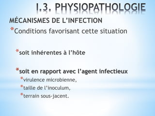 MÉCANISMES DE L’INFECTION
*Conditions favorisant cette situation
*soit inhérentes à l’hôte
*soit en rapport avec l’agent infectieux
*virulence microbienne,
*taille de l’inoculum,
*terrain sous-jacent.
 