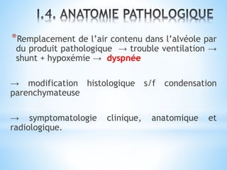 *Remplacement de l’air contenu dans l’alvéole par
du produit pathologique → trouble ventilation →
shunt + hypoxémie → dyspnée
→ modification histologique s/f condensation
parenchymateuse
→ symptomatologie clinique, anatomique et
radiologique.
 