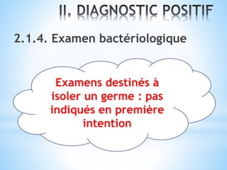 2.1.4. Examen bactériologique
Examens destinés à
isoler un germe : pas
indiqués en première
intention
 