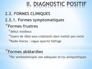 2.2. FORMES CLINIQUES
2.2.1. Formes symptomatiques
*Formes frustres
*début insidieux
*foyers de râles sous crépitants dans matité peu nette
*Radio thorax : vague opacité hilifuge
*Formes abâtardies
*Par antibiothérapie non adéquate et/ou antipyrétiques
 