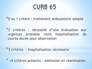 *0 ou 1 critère : traitement ambulatoire adapté
*2 critères : nécessité d’une évaluation aux
urgences probable voire hospitalisation de
courte durée pour observation
*3 critères : hospitalisation nécessaire
* >4 critères présents : admission en réanimation
 