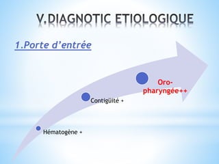 1.Porte d’entrée
Hématogène +
Contigüité +
Oro-
pharyngée++
 