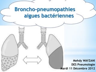 Broncho-pneumopathies
aigues bactériennes
Mehdy WAYZANI
DES Pneumologie
Mardi 11 Décembre 2012
 