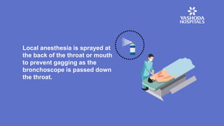 Local anesthesia is sprayed at
the back of the throat or mouth
to prevent gagging as the
bronchoscope is passed down
the throat.
 
