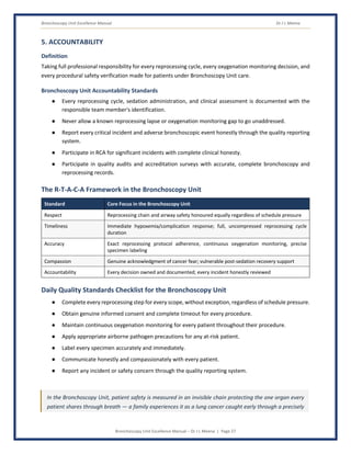 Bronchoscopy Unit Excellence Manual Dr J L Meena
Bronchoscopy Unit Excellence Manual – Dr J L Meena | Page 27
5. ACCOUNTABILITY
Definition
Taking full professional responsibility for every reprocessing cycle, every oxygenation monitoring decision, and
every procedural safety verification made for patients under Bronchoscopy Unit care.
Bronchoscopy Unit Accountability Standards
● Every reprocessing cycle, sedation administration, and clinical assessment is documented with the
responsible team member's identification.
● Never allow a known reprocessing lapse or oxygenation monitoring gap to go unaddressed.
● Report every critical incident and adverse bronchoscopic event honestly through the quality reporting
system.
● Participate in RCA for significant incidents with complete clinical honesty.
● Participate in quality audits and accreditation surveys with accurate, complete bronchoscopy and
reprocessing records.
The R-T-A-C-A Framework in the Bronchoscopy Unit
Standard Core Focus in the Bronchoscopy Unit
Respect Reprocessing chain and airway safety honoured equally regardless of schedule pressure
Timeliness Immediate hypoxemia/complication response; full, uncompressed reprocessing cycle
duration
Accuracy Exact reprocessing protocol adherence, continuous oxygenation monitoring, precise
specimen labeling
Compassion Genuine acknowledgment of cancer fear; vulnerable post-sedation recovery support
Accountability Every decision owned and documented; every incident honestly reviewed
Daily Quality Standards Checklist for the Bronchoscopy Unit
● Complete every reprocessing step for every scope, without exception, regardless of schedule pressure.
● Obtain genuine informed consent and complete timeout for every procedure.
● Maintain continuous oxygenation monitoring for every patient throughout their procedure.
● Apply appropriate airborne pathogen precautions for any at-risk patient.
● Label every specimen accurately and immediately.
● Communicate honestly and compassionately with every patient.
● Report any incident or safety concern through the quality reporting system.
In the Bronchoscopy Unit, patient safety is measured in an invisible chain protecting the one organ every
patient shares through breath — a family experiences it as a lung cancer caught early through a precisely
 