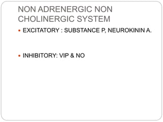 NON ADRENERGIC NON
CHOLINERGIC SYSTEM
 EXCITATORY : SUBSTANCE P, NEUROKININ A.
 INHIBITORY: VIP & NO
 