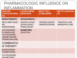 PHARMACOLOGIC INFLUENCE ON
INFLAMMATION
INHALED
CORTICOSTEROI
DS
LEUKOTRIENE
MODIFIERS
MAST CELL
STABILIZERS
METHYLXANTHIN
ES
MONOTHERAPY ANTAGONISTS:
BECLOMETHASO
NE,
BUDESONIDE,
MONTELUKAST,
ZAFIRLUKAST,
PRANLUKAST
CROMOLYNSODI
UMNEDOCROMIL
THEOPHYLLINE,
AMINOPHYLLINE
CICLESONIDE,
FLUNISOLIDE,
FLUTICASONE
,MOMETASONE,
TRIAMCINALONE
INHIBITORS:
ZILEUTON
COMBINATIO
N THERAPY
BUDESONIDE/
FORMOTEROL
FLUTICASONE/
 