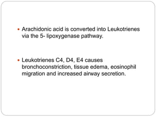  Arachidonic acid is converted into Leukotrienes
via the 5- lipoxygenase pathway.
 Leukotrienes C4, D4, E4 causes
bronchoconstriction, tissue edema, eosinophil
migration and increased airway secretion.
 