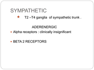 SYMPATHETIC
T2 –T4 ganglia of sympathetic trunk .
ADERENERGIC
 Alpha receptors : clinically insignificant
 BETA 2 RECEPTORS
 