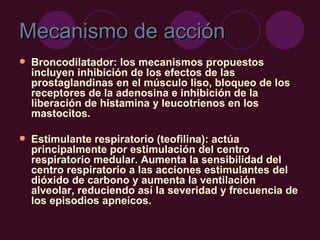 Mecanismo de acción Broncodilatador: los mecanismos propuestos incluyen inhibición de los efectos de las prostaglandinas en el músculo liso, bloqueo de los receptores de la adenosina e inhibición de la liberación de histamina y leucotrienos en los mastocitos.  Estimulante respiratorio (teofilina): actúa principalmente por estimulación del centro respiratorio medular. Aumenta la sensibilidad del centro respiratorio a las acciones estimulantes del dióxido de carbono y aumenta la ventilación alveolar, reduciendo así la severidad y frecuencia de los episodios apneicos. 