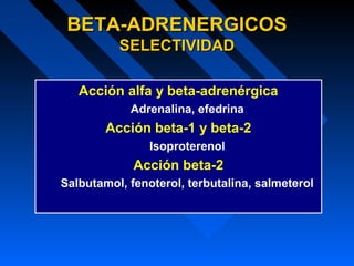 Acción alfa y beta-adrenérgica
Adrenalina, efedrina
Acción beta-1 y beta-2
Isoproterenol
Acción beta-2
Salbutamol, fenoterol, terbutalina, salmeterol
BETA-ADRENERGICOSBETA-ADRENERGICOS
SELECTIVIDADSELECTIVIDAD
 