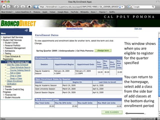 This window shows when you are eligible to register for the quarter specified  You can return to the homepage, select add a class from the side bar of add classes at the bottom during enrollment period 