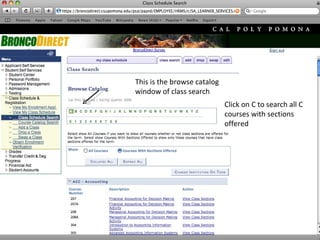 This is the browse catalog window of class search Click on C to search all C courses with sections offered  