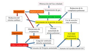Uso de musculos
resp. accesorios
Actividad
respiratoria
incrementada
Aumento de la producción de CO2
Reduccion del
retorno cardiaco
Alteraciones de
oxigenacion
Hipotension
Hipoxemia
Falla Cardiaca aguda
Presion
aumentada de
arteria pulmonar
Carga de ventrículo
derecho aumentada
Consumo de Oxígeno aumentado
Obstrucción del Gas exhalado
Atrapamiento de gas
Distension alveolar exesiva
Incremento de la presión alveolar
Ruptura alveolar
Neumotórax
Reduccion de la
complianza pulmonar
 