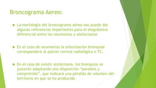 Broncograma Aereo:
 La morfología del broncograma aéreo nos puede dar
algunas referencias importantes para el diagnóstico
diferencial entre las neumonías y atelectasias
 En el caso de neumonías la arborización bronquial
corresponderá al patrón normal radiológico o TC.
 En el caso de existir atelectasia, los bronquios se
justarán adoptando una disposición “paralela y
comprimida”, que indicará una pérdida de volumen del
territorio en que se ha producido
 