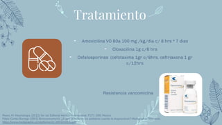 Tratamiento
- Amoxicilina VO 80a 100 mg /kg/dia c/ 8 hrs * 7 dias
- Cloxacilina 1g c/6 hrs
- Cefalosporinas (cefotaxima 1gr c/8hrs, ceftriaxona 1 gr
c/12hrs
Resistencia vancomicina
Reyes, M. Neumologia. (2012) 3er ed. Editorial medica internacional. P271-298, Mexico
Pablo Cortés Borrego (2001) Bronconeumonía: ¿A qué se reﬁeren los pediatras cuando la diagnostican? Medigraphic. Sitio web:
https://www.medigraphic.com/pdfs/iner/in-2001/in013a.pdf
 