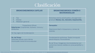 Clasiﬁcación
BRONCONEUMONIA CAPILAR BRONCONEUMONIA COMÚN O
MICRONODULAR
● Tos
● Disnea
● Malestar general
Síntomas menos acentuados y de aparición
gradual: Disnea, tos, cianosis y taquicardia.
Timpanismo Difuso
Estertores: Crepitantes, bulosos, roncus y
sibilantes.
Persusión:
Hipersonoridad o timpanismo y áreas de
matidez
No hay signo de Condensación
Rx. de Tórax:
Opacidad difusa, poco densa
Acentuada trama broncovascular
Condensación pulmonar: Soplo bronquial,
pectoriloquia y broncofonía.
Rx de Tórax: Imágenes micronodulares con
contornos menos visibles en zona parahiliar y
basal
RPablo Cortés Borrego (2001) Bronconeumonía: ¿A qué se reﬁeren los pediatras cuando la diagnostican? Medigraphic. Sitio web: https://www.medigraphic.com/pdfs/iner/in-2001/in013a.pdf
 