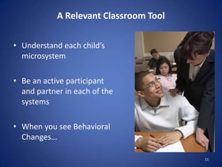 Understand each child’s microsystemBe an active participant and partner in each of the systemsWhen you see Behavioral Changes…11A Relevant Classroom Tool