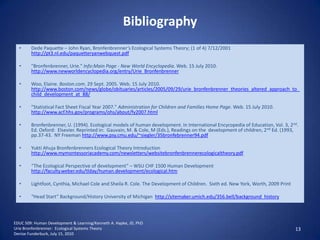 BibliographyDede Paquette – John Ryan, Bronfenbrenner’s Ecological Systems Theory; (1 of 4) 7/12/2001 http://pt3.nl.edu/paquetteryanwebquest.pdf"Bronfenbrenner, Urie." Info:Main Page - New World Encyclopedia. Web. 15 July 2010. http://www.newworldencyclopedia.org/entry/Urie_BronfenbrennerWoo, Elaine. Boston.com. 29 Sept. 2005. Web. 15 July 2010. http://www.boston.com/news/globe/obituaries/articles/2005/09/29/urie_bronfenbrenner_theories_altered_approach_to_child_development_at_88/"Statistical Fact Sheet Fiscal Year 2007." Administration for Children and Families Home Page. Web. 15 July 2010. http://www.acf.hhs.gov/programs/ohs/about/fy2007.htmlBronfenbrenner, U. (1994). Ecological models of human development. In International Encycopedia of Education, Vol. 3, 2nd. Ed. Oxford:  Elsevier. Reprinted in:  Gauvain, M. & Cole, M (Eds.), Readings on the  development of children, 2nd Ed. (1993, pp.37-43.  NY Freeman http://www.psy.cmu.edu/~siegler/35bronfebrenner94.pdfYuktiAhujaBronfenbrenners Ecological Theory Introduction http://www.mymontessoriacademy.com/newsletters/websitebronfenbrennerecologicaltheory.pdf“The Ecological Perspective of development” – WSU CHF 1500 Human Development http://faculty.weber.edu/tlday/human.development/ecological.htmLightfoot, Cynthia, Michael Cole and Sheila R. Cole. The Development of Children.  Sixth ed. New York, Worth, 2009 Print“Head Start” Background/History University of Michigan  http://sitemaker.umich.edu/356.bell/background_history13EDUC 509: Human Development & Learning/Kenneth A. Hapke, JD, PhDUrieBronfenbrenner:  Ecological Systems TheoryDenise Funderburk, July 15, 2010