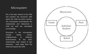 Microsystem
this is the layer closest to the child
and contains the structures with
which the child has direct contact.
The microsystem encompasses the
relationships and interactions a
child has with her immediate
surroundings.
Structures in the microsystem
include family, school,
neighborhood, or childcare
environments. At this level,
relationships have impact in two
directions - both away from the
child and toward the child.
 