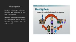 Mesosystem
this layer provides the connection
between the structures of the
child’s microsystem.
Examples: the connection between
the child’s teacher and his parents,
between his church and his
neighborhood,
 