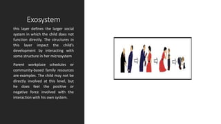 Exosystem
this layer defines the larger social
system in which the child does not
function directly. The structures in
this layer impact the child’s
development by interacting with
some structure in her microsystem
Parent workplace schedules or
community-based family resources
are examples. The child may not be
directly involved at this level, but
he does feel the positive or
negative force involved with the
interaction with his own system.
 