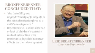 BRONFENBRENNER
CONCLUDED THAT:
 “the instability and
unpredictability of family life is
the most destructive force to a
child’s development.”
 Researches tell us that absence
or lack of children’s constant
mutual interaction with
important adults has negative
effects on their development.
23
URIE BRONFENBRENNER
American Psychologist
 