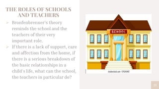 THE ROLES OF SCHOOLS
AND TEACHERS
 Bronfenbrenner’s theory
reminds the school and the
teachers of their very
important role.
 If there is a lack of support, care
and affection from the home, if
there is a serious breakdown of
the basic relationships in a
child’s life, what can the school,
the teachers in particular do?
25
 