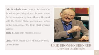 URIE BRONFENBRENNER
American Psychologist
Urie Bronfenbrenner was a Russian-born
American psychologist who is most known
for his ecological systems theory. His work
with the United States government helped
in the formation of the Head Start program
in 1965.
Born: 29 April 1917, Moscow, Russia
Died: 25 September 2005, Ithaca, New York,
United States
4
 