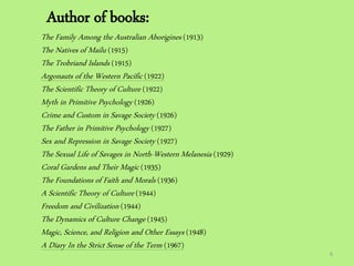 Author of books:
The Family Among the Australian Aborigines (1913)
The Natives of Mailu (1915)
The Trobriand Islands (1915)
Argonauts of the Western Pacific (1922)
The Scientific Theory of Culture (1922)
Myth in Primitive Psychology (1926)
Crime and Custom in Savage Society (1926)
The Father in Primitive Psychology (1927)
Sex and Repression in Savage Society (1927)
The Sexual Life of Savages in North-Western Melanesia (1929)
Coral Gardens and Their Magic (1935)
The Foundations of Faith and Morals (1936)
A Scientific Theory of Culture (1944)
Freedom and Civilization (1944)
The Dynamics of Culture Change (1945)
Magic, Science, and Religion and Other Essays (1948)
A Diary In the Strict Sense of the Term (1967)
6
 