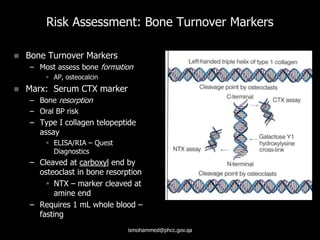 Risk Assessment: Bone Turnover Markers
 Bone Turnover Markers
– Most assess bone formation
 AP, osteocalcin
 Marx: Serum CTX marker
– Bone resorption
– Oral BP risk
– Type I collagen telopeptide
assay
 ELISA/RIA – Quest
Diagnostics
– Cleaved at carboxyl end by
osteoclast in bone resorption
 NTX – marker cleaved at
amine end
– Requires 1 mL whole blood –
fasting
ismohammed@phcc.gov.qa
 