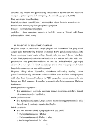 auskultasi yang terkena, pada perkusi sering tidak ditemukan kelainan dan pada auskultasi
mungkin hanya terdengar ronchi basah nyaring halus dan sedang.(Ngastiyah, 2005).
Pada pemeriksaan fisik didapatkan :
Inspeksi : pernafasan cuping hidung(+), sianosis sekitar hidung dan mulut, retraksi sela iga.
Palpasi : Stem fremitus yang meningkat pada sisi yang sakit.
Perkusi : Sonor memendek sampai beda
Auskultasi : Suara pernafasan mengeras ( vesikuler mengeras )disertai ronki basah
gelembung halus sampai sedang.




   G. DIAGNOSIS DAN DIAGNOSIS BANDING
Diagnosis ditegakkan berdasarkan riwayat penyakit dan pemeriksaan fisik yang sesuai
dengan gejala dan tanda yang diuraikan sebelumnya disertai pemeriksaan penunjang.Pada
bronkopneumonia, bercak-bercak infiltrat didapati pada satu atau beberapa lobus.Foto
rontgen dapat juga menunjukkan adanya komplikasi seperti pleuritis, atelektasis, abses paru,
pneumotoraks atau perikarditis.Gambaran ke arah sel polimorfonuklear juga dapat
dijumpai.Pada bayi-bayi kecil jumlah leukosit dapat berada dalam batas yang normal. Kadar
hemoglobin biasanya normal atau sedikit menurun.6
Diagnosis etiologi dibuat berdasarkan pemeriksaan mikrobiologi serologi, karena
pemeriksaan mikrobiologi tidak mudah dilakukan dan bila dapat dilakukan kuman penyebab
tidak selalu dapat ditemukan.Oleh karena itu WHO mengajukan pedoman diagnosa dan tata
laksana yang lebih sederhana. Berdasarkan pedoman tersebut bronkopneumonia dibedakan
berdasarkan :
Bronkopneumonia sangat berat :
      Bila terjadi sianosis sentral dan anak tidak sanggup minum,maka anak harus dirawat
       di rumah sakit dan diberi antibiotika.
Bronkopneumonia berat :
      Bila dijumpai adanya retraksi, tanpa sianosis dan masih sanggup minum,maka anak
       harus dirawat di rumah sakit dan diberi antibiotika.
Bronkopneumonia :
      Bila tidak ada retraksi tetapi dijumpai pernafasan yang cepat :
       > 60 x/menit pada anak usia< 2 bulan
       > 50 x/menit pada anak usia 2 bulan – 1 tahun
       > 40 x/menit pada anak usia 1 - 5 tahun.
                                                5
 