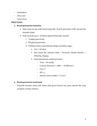 -   Atelektaksis
  -   Abses paru
  -   Tuberculosis
PROGNOSIS
  a. Bronkopneumonia komunitas
         •   Pada orang tua dan anak-anak kurang baik  perlu perawatan di RS, kecuali bila
             penyakit ringan.
         •   Pada orang dewasa (< 60 tahun) dapat berobat jalan, kecuali :
                   1. Terdapat paru kronik
                   2. PN pada banyak lobus
                   3. Gambaran klinis yang berkaitan dengan mortalitas tinggi :
                             Usia > 60 tahun
                             Saat masuk RS, frekuensi nafas > 30x/menit, tekanan diastolic <
                              60mmHg, bingung
                             Hasil pemeriksaan setelah perawatan :
                                 -   Tensi < 60 mmHg
                                 -   Leukosit abnormal (< 4000 / > 30.000/mm3)
                                 -   Urea ↑↑
                                 -   pO2 ↓↓
                                 -   albumin serum rendah (< 3.5 g%)


  b. Bronkopneumonia nosokomial
      Penyebab kematian utama oleh infeksi pada pasien berusia tua, pasca operatif dan yang
      menjalani ventilasi mekanis.




                                                                                           4
 