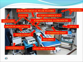 ELECTROCAUTERYCRYOTHERAPY
BALOONS
MONITORS
BI-PLANE DIGITAL PULSE FLUORO
STENTS AUTOFLUORESCENCE
ENDOBRONCHIAL ULTRASOUND
ARGON PLASMA COAG
THORACOSOPY
SUPERDIMENSION
EPACS
MONITORS
Herth FJF, AFB, EBUS, EUS, HRCT, OCT, or yet something else….
 