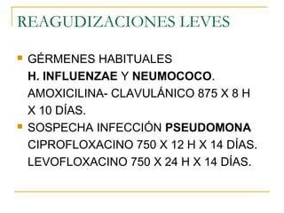 REAGUDIZACIONES LEVES
 GÉRMENES HABITUALES
H. INFLUENZAE Y NEUMOCOCO.
AMOXICILINA- CLAVULÁNICO 875 X 8 H
X 10 DÍAS.
 SOSPECHA INFECCIÓN PSEUDOMONA
CIPROFLOXACINO 750 X 12 H X 14 DÍAS.
LEVOFLOXACINO 750 X 24 H X 14 DÍAS.
 