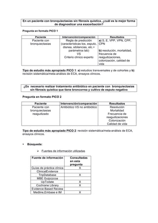 En un paciente con bronquiectasias sin fibrosis quística, ¿cuál es la mejor forma
de diagnosticar una exacerbación?
Pregunta en formato PICO 1
Paciente Intervención/comparación Resultados
Paciente con
bronquiectasias
Regla de predicción
(características tos, esputo,
disnea, sibilancias, etc.+
parámetros lab)
VS
Criterio clínico experto
a) S, E, VPP, VPN, CPP,
CPN
b) resolución, mortalidad,
frecuencia de
reagudizaciones,
colonización, calidad de
vida
Tipo de estudio más apropiado PICO 1: a) estudios transversales y de cohortes y b)
revisión sistemática/meta-análisis de ECA, ensayos clínicos.
¿Es necesario realizar tratamiento antibiótico en paciente con bronquiectasias
sin fibrosis quística que tiene broncorrea y cultivo de esputo negativo
Pregunta en formato PICO 2
Paciente Intervención/comparación Resultados
Paciente con
bronquiectasias
reagudizado
Antibiótico VS no antibiótico Resolución
Mortalidad
Frecuencia de
reagudizaciones
Colonización
Calidad de vida
Tipo de estudio más apropiado PICO 2: revisión sistemática/meta-análisis de ECA,
ensayos clínicos.
• Búsqueda:
Ø Fuentes de información utilizadas
Fuente de información Consultadas
en esta
pregunta
Guías de práctica clínica X
ClinicalEvidence
TripDatabase X
MBE Guipúzcoa
UpTodate X
Cochrane Library X
Evidence Based Review
Medline,Embase e IM X
 