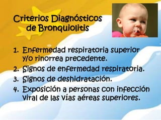 Criterios Diagnósticos
   de Bronquiolitis

1. Enfermedad respiratoria superior
   y/o rinorrea precedente.
2. Signos de enfermedad respiratoria.
3. Signos de deshidratación.
4. Exposición a personas con infección
   viral de las vías aéreas superiores.
 