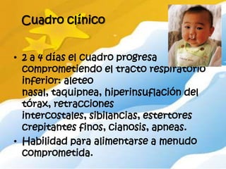 Cuadro clínico


• 2 a 4 días el cuadro progresa
  comprometiendo el tracto respiratorio
  inferior: aleteo
  nasal, taquipnea, hiperinsuflación del
  tórax, retracciones
  intercostales, sibilancias, estertores
  crepitantes finos, cianosis, apneas.
• Habilidad para alimentarse a menudo
  comprometida.
 