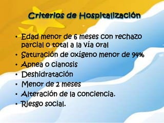 • Edad menor de 6 meses con rechazo
  parcial o total a la vía oral
• Saturación de oxígeno menor de 94%
• Apnea o cianosis
• Deshidratación
• Menor de 2 meses
• Alteración de la conciencia.
• Riesgo social.
 