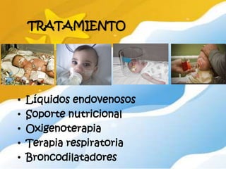 TRATAMIENTO




•   Líquidos endovenosos
•   Soporte nutricional
•   Oxigenoterapia
•   Terapia respiratoria
•   Broncodilatadores
 