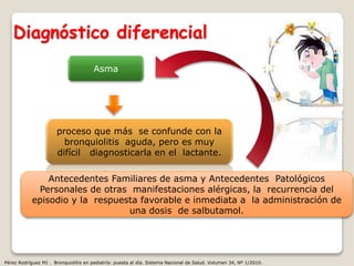 Diagnóstico diferencial
Asma
proceso que más se confunde con la
bronquiolitis aguda, pero es muy
difícil diagnosticarla en el lactante.
Antecedentes Familiares de asma y Antecedentes Patológicos
Personales de otras manifestaciones alérgicas, la recurrencia del
episodio y la respuesta favorable e inmediata a la administración de
una dosis de salbutamol.
Pérez Rodríguez MJ . Bronquiolitis en pediatría: puesta al día. Sistema Nacional de Salud. Volumen 34, Nº 1/2010.
 
