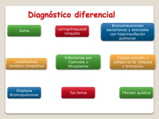 Diagnóstico diferencial
Asma
Infecciones por
Clamydia y
Micoplasma
Cuerpo extraño o
pólipos en la traquea
o bronquios
Insuficiencia
cardiaca congestiva
Laringotraqueob
ronquitis
Bronconeumonías
bacterianas y asociadas
con hiperinsuflación
pulmonar
Fibrosis quística
Displasia
Broncopulmonar
Tos ferina
 