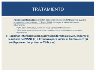 ▪ Pacientes internados: Se tratan todos los niños con IRAB grave o cuadro
progresivo que requiera UTIP y/o ARM, sin esperar el resultado del
laboratorio:
▪ VSNF es (+) a Influenza, /O/ VSNF es (-): Completar tratamiento
▪ VSNF es (+) a otro virus, evaluar la conveniencia de mantener o suspender el
tratamiento.
◼ En niños internados con cuadros moderados o leves, esperar el
resultado del VSNF (+) a Influenza para iniciar el tratamiento (si
se dispone en las primeras 24 horas).
TRATAMIENTO
 