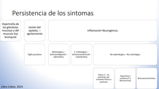 Persistencia de los sintomas
Hipertrofia de
las glándulas
mucosas y del
musculo liso
bronquial
Lesión del
epitelio. –
agritamiento
Tight junctions
Inflamación Neurogénica.
Adrenérgico. –
broncorelajación –
adrenalina.
S. Colinérgico –
broncoconstricción
– Acetilcolina.
No adrenérgico – No colinérgico
Fibras C – Se
estimulas por
irritantes fisicas o
quimicas
Taquininas (
sustancia P y
Neurocinina)
Broncoconstrictores.
Libro Cobos. 2014
 
