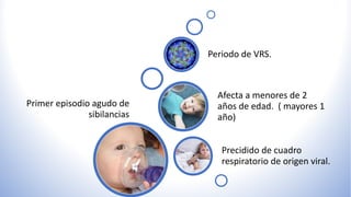 Primer episodio agudo de
sibilancias
Precidido de cuadro
respiratorio de origen viral.
Afecta a menores de 2
años de edad. ( mayores 1
año)
Periodo de VRS.
 