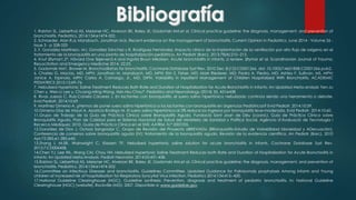 1. Ralston SL, Lieberthal AS, Meissner HC, Alverson BK, Baley JE, Gadomski AM,et al. Clinical practice guideline: the diagnosis, management, and prevention of
bronchiolitis. Pediatrics. 2014;134:e1474-502.
2. Schroeder, Alan R.a; Mansbach, Jonathan M.b. Recent evidence on the management of bronchiolitis. Current Opinion in Pediatrics: June 2014 - Volume 26 -
Issue 3 - p 328-333
3. F. González Martínez∗, M.I. González Sánchez y R. Rodríguez Fernández. Impacto clínico de la implantación de la ventilación por alto flujo de oxígeno en el
tratamiento de la bronquiolitis en una planta de hospitalización pediátrica. An Pediatr (Barc). 2013;78(4):210--215.
4. Knut Øymar1,2*, Håvard Ove Skjerven3,4 and Ingvild Bruun Mikalsen. Acute bronchiolitis in infants, a review. Øymar et al. Scandinavian Journal of Trauma,
Resuscitation and Emergency Medicine 2014, 22:23.
5. Gadomski AM1, Brower M. Bronchodilators for bronchiolitis. Cochrane Database Syst Rev. 2010 Dec 8;(12):CD001266. doi: 10.1002/14651858.CD001266.pub2.
6. Charles G. Macias, MD, MPH; Jonathan M. Mansbach, MD, MPH; Erin S. Fisher, MD; Mark Riederer, MD; Pedro A. Piedra, MD; Ashley F. Sullivan, MS, MPH;
Janice A. Espinola, MPH; Carlos A. Camargo, Jr., MD, DrPH. Variability in Inpatient Management of Children Hospitalized With Bronchiolitis. ACADEMIC
PEDIATRICS 2015;15:69–76.
7. Nebulized Hypertonic Saline Treatment Reduces Both Rate and Duration of Hospitalization for Acute Bronchiolitis in Infants: An Updated Meta-analysis Yen-Ju
Chen y, Wen-Li Lee y, Chuang-Ming Wang, Hsin-Hsu Chou*. Pediatrics and Neonatology (2014) 55, 431e438
8. Rivas Juesas C, Ruiz-Canela Cáceres J. En lactantes con bronquiolitis, el suero salino hipertónico nebulizado continúa siendo una herramienta a debate.
Evid Pediatr. 2014;10:69.
9. Martínez Gimeno A. ¿Hemos de poner suero salino hipertónico a los lactantes con bronquiolitis en Urgencias Pediátricas? Evid Pediatr. 2014;10:59.
10.Gimeno Díaz de Atauri A, Aparicio Rodrigo M. El suero salino hipertónico al 3% reduce los ingresos por bronquiolitis leve-moderada. Evid Pediatr. 2014;10:60.
11.Grupo de Trabajo de la Guía de Práctica Clínica sobre Bronquiolitis Aguda. Fundació Sant Joan de Déu (coord.). Guía de Práctica Clínica sobre
Bronquiolitis Aguda. Plan de Calidad para el Sistema Nacional de Salud del Ministerio de Sanidad y Política Social. Agència d’Avaluació de Tecnologia i
Recerca Mèdiques; 2010. Guías de Práctica Clínica en el SNS: AATRM. N.° 2007/05.
12.González de Dios J, Ochoa Sangrador C. Grupo de Revisión del Proyecto aBREVIADo (BRonquiolitis-Estudio de Variabilidad Idoneidad y ADecuación).
Conferencia de consenso sobre bronquiolitis aguda (IV): tratamiento de la bronquiolitis aguda. Revisión de la evidencia científica. An Pediatr (Barc). 2010
Apr;72:285.e1-285.e42.
13.Zhang L M-SR, Wainwright C, Klassen TP. Nebulised hypertonic saline solution for acute bronchiolitis in infants. Cochrane Database Syst Rev.
2013;7:CD006458.
14.Chen YJ, Lee WL, Wang CM, Chou HH. Nebulized Hypertonic Saline Treatment Reduces both Rate and Duration of Hospitalization for Acute Bronchiolitis in
Infants: An Updated Meta-Analysis. Pediatr Neonatol. 2014;55:431-438.
15.Ralston SL, Lieberthal AS, Meissner HC, Alverson BK, Baley JE, Gadomski AM,et al. Clinical practice guideline: the diagnosis, management, and prevention of
bronchiolitis. Pediatrics. 2014;134:e1474-502.
16.Committee on infectious Diseases and bronchiolitis. Guidelines Committee. Updated Guidance for Palivizumab prophylaxis Among infants and Young
children at increased risk of hospitalization for Respiratory Syncytial Virus infection. Pediatrics 2014;134:415-‐420.
17.National Guideline Clearinghouse (NGC). Guideline synthesis: Prevention, diagnosis and treatment of pediatric bronchiolitis. In: National Guideline
Clearinghouse (NGC) [website]. Rockville (MD): 2007. Disponible a: www.guideline.gov
 