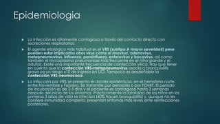 Epidemiologia
 La infección es altamente contagiosa a través del contacto directo con
secreciones respiratorias.
 El agente etiológico más habitual es el VRS (subtipo A mayor severidad) pese
pueden estar implicados otros virus como el rinovirus, adenovirus,
metapneumovirus, influenza, parainflueza, enterovirus y bocavirus, así como
también el Mycoplasma pneumoniae más frecuente en el niño grande y el
adulto). Existe una importante frecuencia de coinfección vírica. Hay que tener
en cuenta que la confección VRS-metapneumovirus asocia a bronquiolitis
grave ya un riesgo x10 de ingreso en UCI. Tampoco es desdeñable la
confección VRS-neumococo.
 La infección por VRS se presenta en brotes epidémicos, en el hemisferio norte,
entre Noviembre y Febrero. Se transmite por aerosoles o por FOMIT. El período
de incubación es de 2-5 días y el paciente es contagioso hasta 3 semanas
después del inicio de los síntomas. Prácticamente la totalidad de los niños en los
primeros 3 años de vida se infectan (40% hacen bronquiolitis) y, aunque no les
confiere inmunidad completa, presentan síntomas más leves ante reinfecciones
posteriores.
 